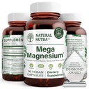 Naturlig Nutra Mega Magnesium 400mg tillæg - Høj Absorption Aminosyrechelat, Bedre Vibes, Citrate, Malat Blend for Muskelvækst, Knoglestyrke, Heart Health, Nerve Support - 90 Kapsler
