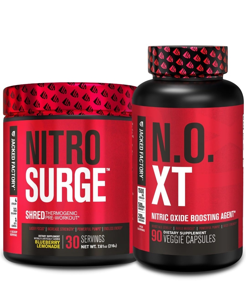 Jacked Factory Nitrovolume Shred Thermogen Pre- workout in Blueberry Lemonade & N.O. XT Nitroxidbooster til mænd og kvinder