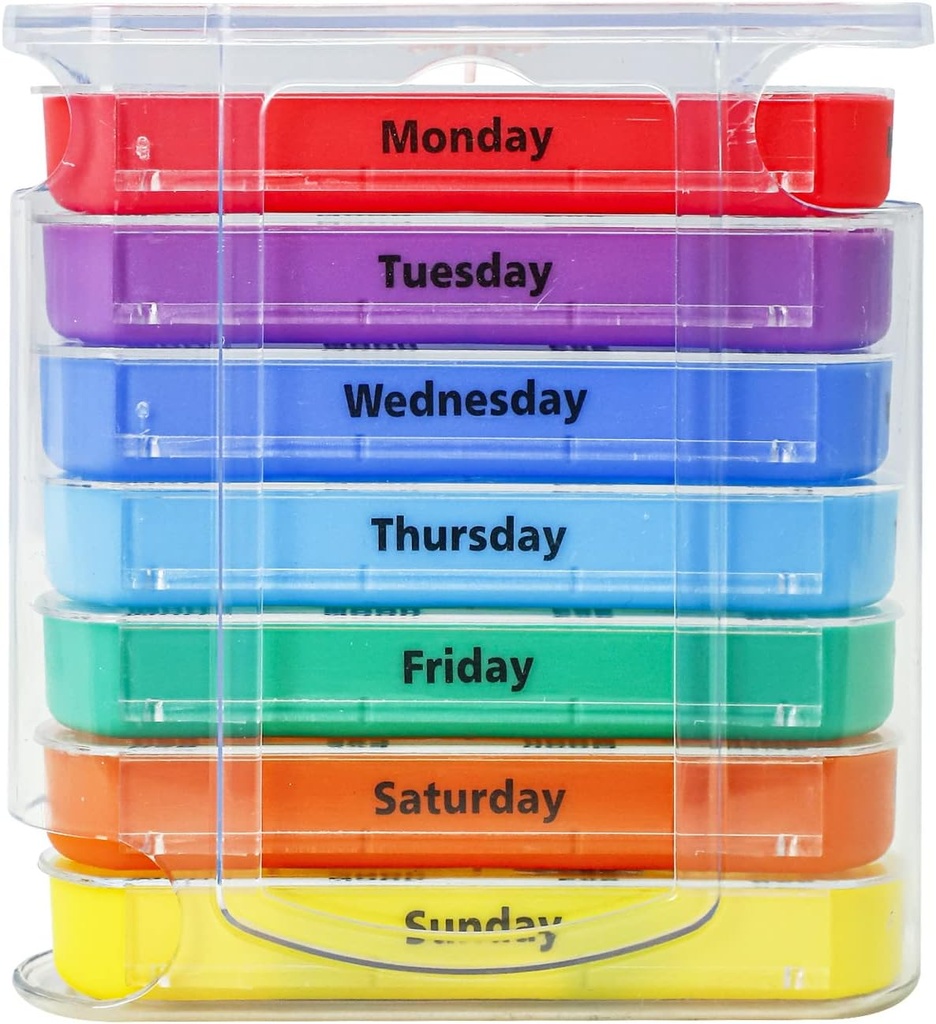 Ugentlig Pill Organizer til 1 dag 4 gange forsyning, KIGI 7 dage Stabile Pill Dispenser Vitaminer Containers (Rainbow)