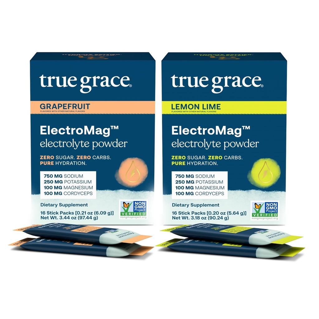 Sand Grace ElectroMag - Grapefrugt (16 Stick Packs) + Lemon Lime (16 Stick Packs) - Electrolyte Powder for Rapid Hydration - Zero Sugar & Carbs - Non- GMO - 32 Total Servering