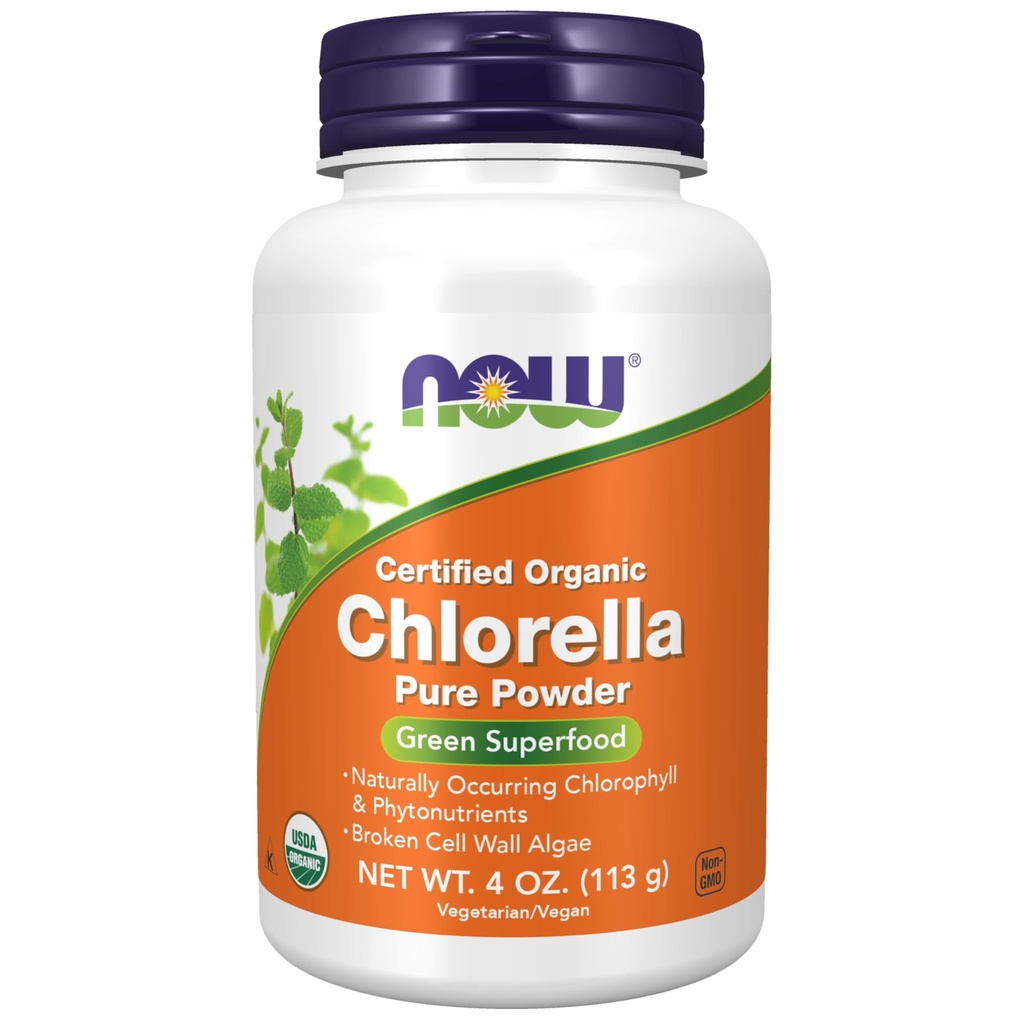 Now Foods Supplements, Organic Chlorella Pulver med naturligt forekommende chlorophyll, beta- caroten, blandede carotenoider, C-vitamin, jern og protein, 4-ounce