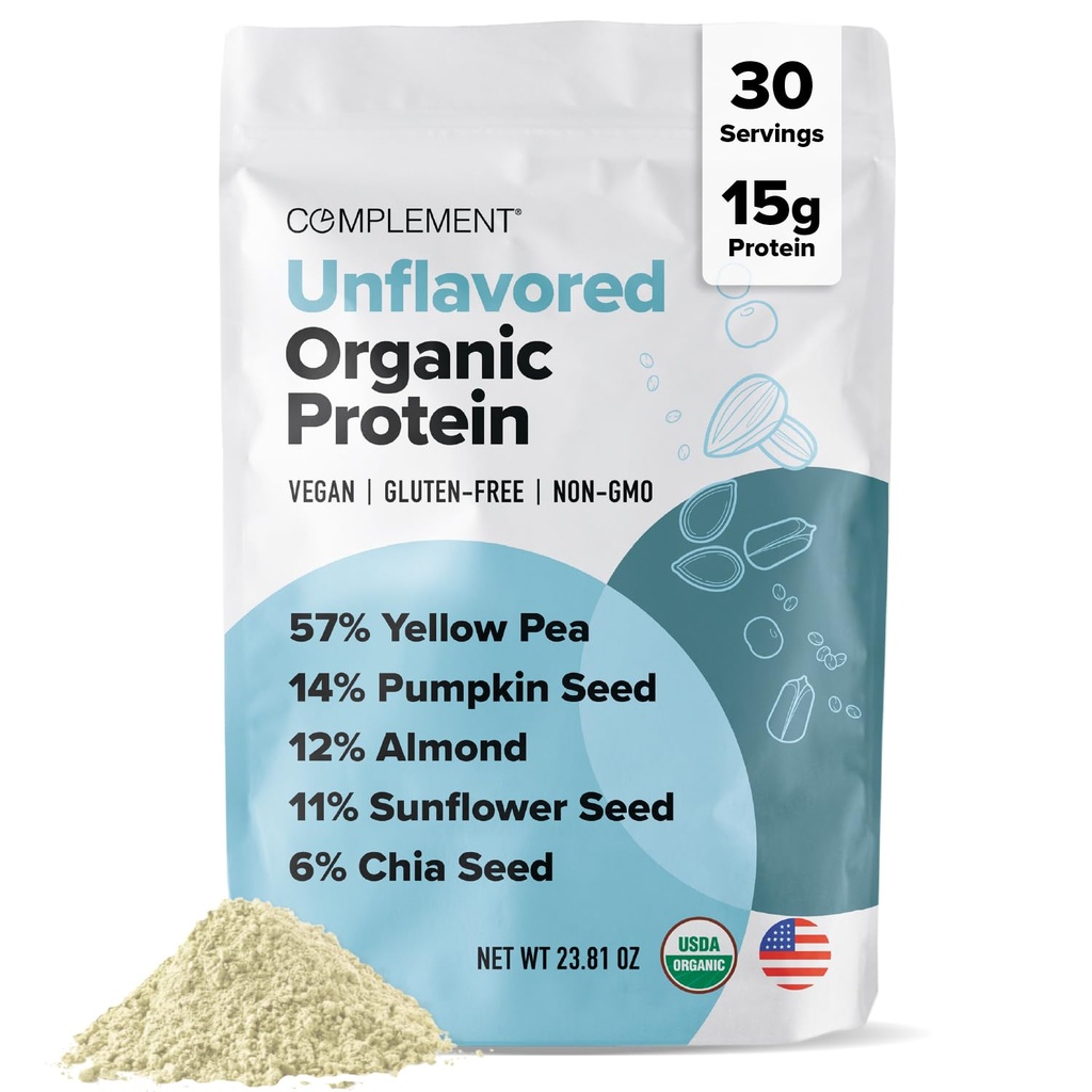 Komplement Organic Unflavored Vegan Protein Powder (30 Servere) Lav Carb, Lav kalorie, Sukker fri, Soja fri, Non- GMO, Gluten fri, Non Dairy Yellow Pea, Pumpkin Seed- 15g Plant baseret Protein Powder