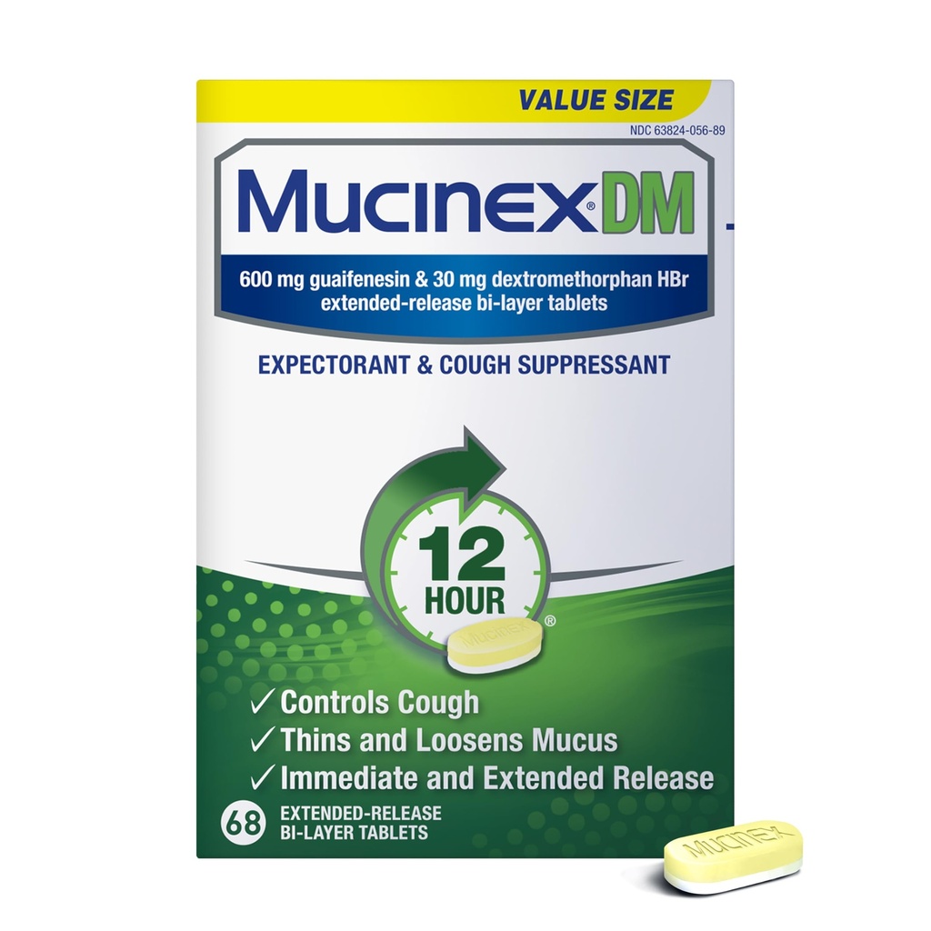 Mucinex DM 12Hr Chest Congestion & Hough Medicine For voksne, Cold and Hough Medicine for Excess Mucus Relief, 600 mg Guaifenesin & 30 mg Dextromethorphan HBr, 68 Bi- Layer Tablets
