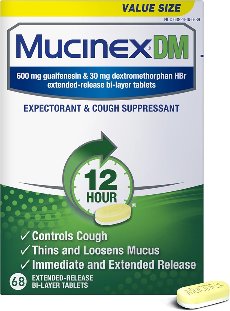 Mucinex DM 12Hr Chest Congestion & Hough Medicine For voksne, Cold and Hough Medicine for Excess Mucus Relief, 600 mg Guaifenesin & 30 mg Dextromethorphan HBr, 68 Bi- Layer Tablets