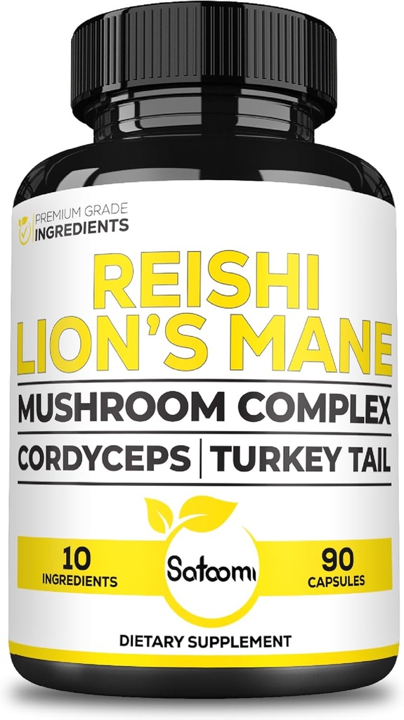 Satomi Reishi Supplement Complex 5000Mg - 10in1 Kombineret med Lions Mane, Cordyceps Sinensis, Chaga Mushroom & andre - 90 kapsler til 3 Måneder