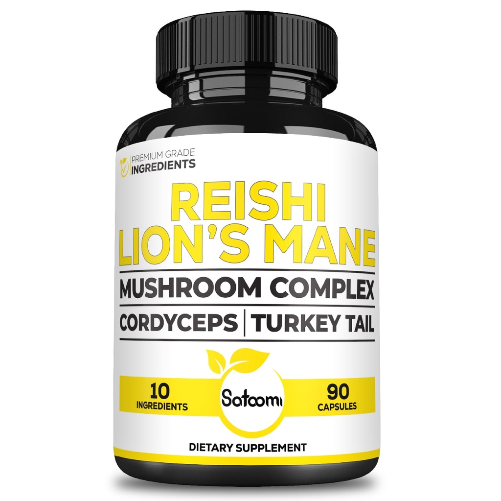 Satomi Reishi Supplement Complex 5000Mg - 10in1 Kombineret med Lions Mane, Cordyceps Sinensis, Chaga Mushroom & andre - 90 kapsler til 3 Måneder