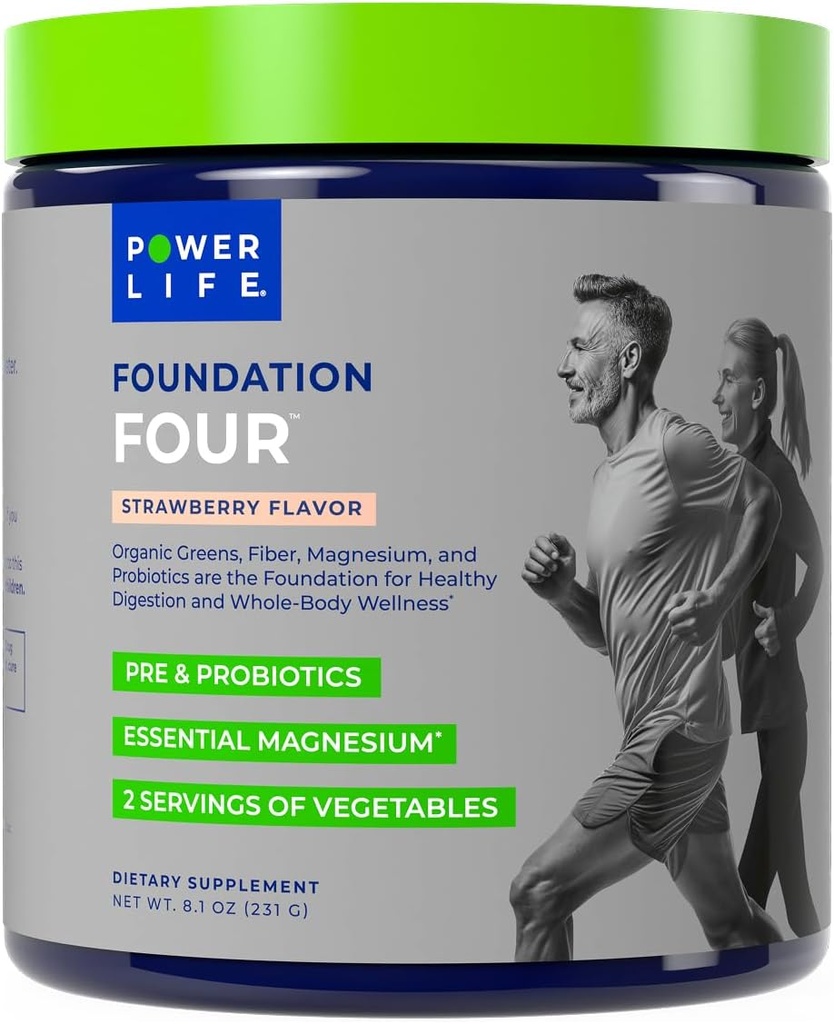 POWERLIFE Foundation Four Green Drink med Pre & Pro Biotics, Essential Magnesium, 2 Serveringer af grøntsager, Jordbær Flavor 30 Serveringer
