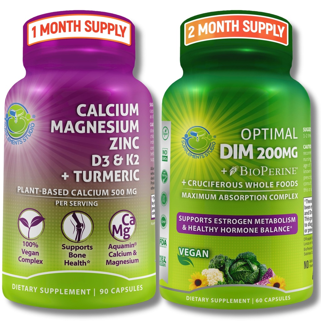 Bone & Hormonal Support Bundle - DIM 200mg med BioPerine ® & Cruciferous Grøntsager + Plant- baseret Calcium 500mg, Magnesium, Zink, D3, K2 & Gurkemeje - Vegan, Non- GMO, Clean Daily Wellness Support