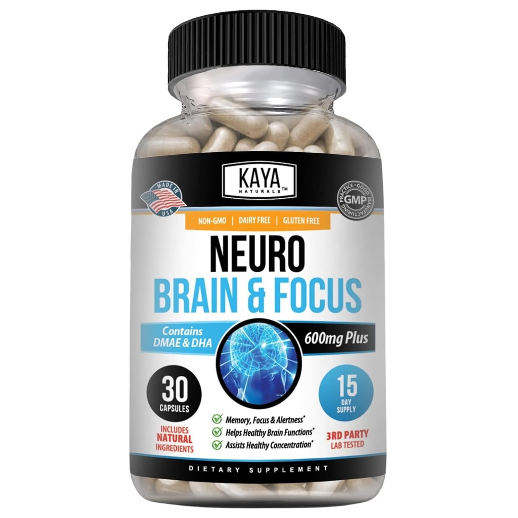Kaya Naturals - Neuro Brain for Memory & Focus - Nootrop Energy Capsule - Nootrop Brain Support Supplement - Focus & Concentration & Learning Accuracy - Kognitiv funktion - 30 Greve