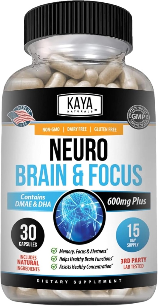 Kaya Naturals - Neuro Brain for Memory & Focus - Nootrop Energy Capsule - Nootrop Brain Support Supplement - Focus & Concentration & Learning Accuracy - Kognitiv funktion - 30 Greve