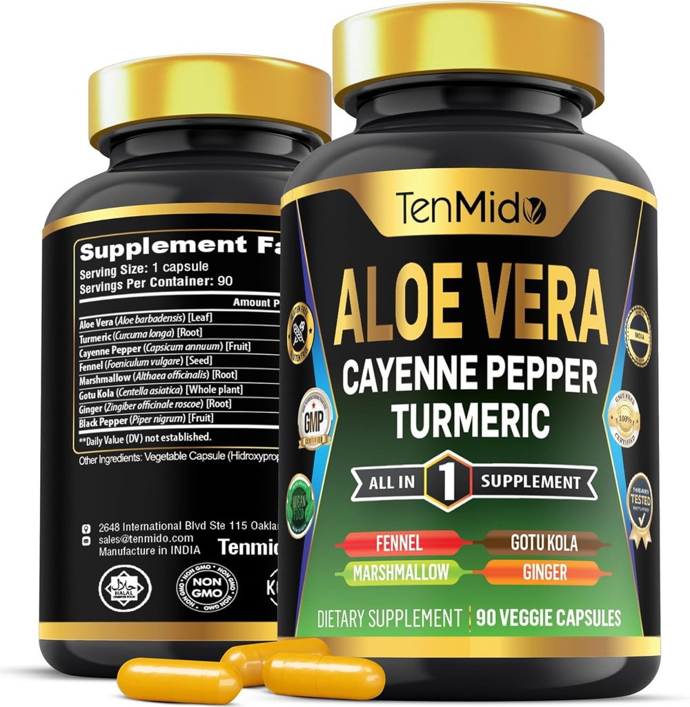 Aloe Vera Kapsler Supplement - 8in1 Formel - Kombiner med gurkemeje, Cayenne Pepper, Marshmallow, Fennel, Gotu Kola, Ingefær, og Black Pepper - 90 Kapsler til 3 Måneders Tilgang