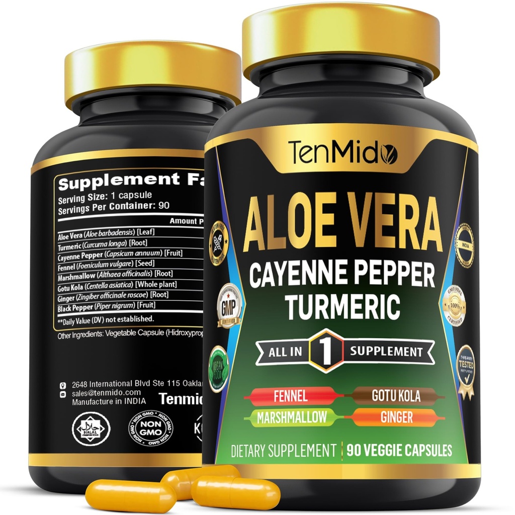 Aloe Vera Kapsler Supplement - 8in1 Formel - Kombiner med gurkemeje, Cayenne Pepper, Marshmallow, Fennel, Gotu Kola, Ingefær, og Black Pepper - 90 Kapsler til 3 Måneders Tilgang