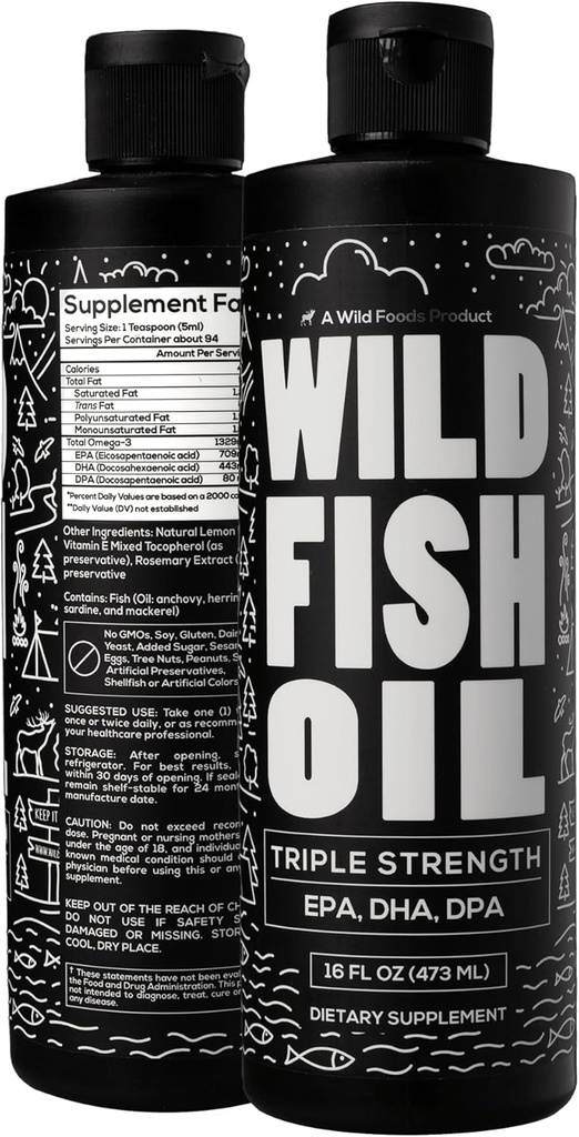 Wild Foods Liquid Omega 3 Fish Oil Supplement, Lemon, 16 oz (2 pk) Yep 124; Wild Cathing, Burpless, Odorless, Non- GMO, Gluten Free Mea 124; DPA, DHA, EPA Triple Strength Omega-3 Nutrition for Women & Men