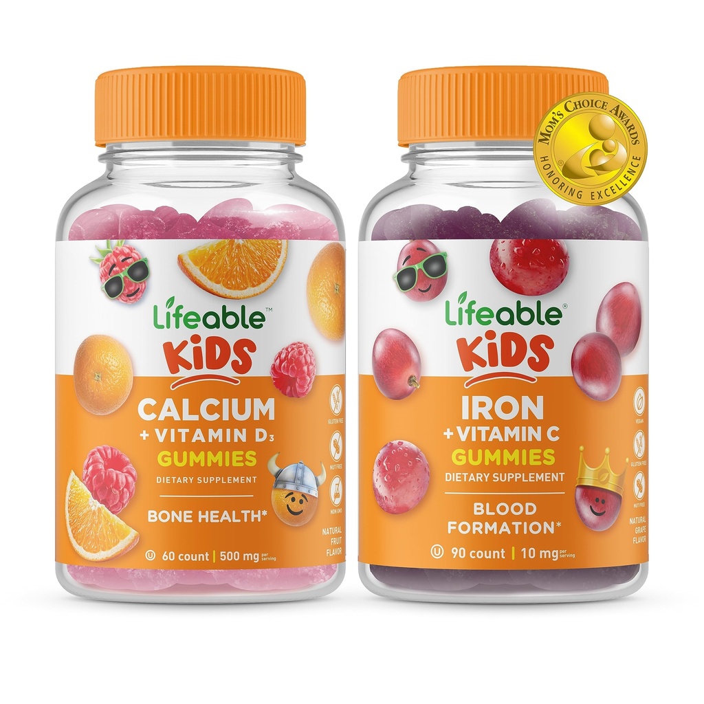 Lifeable Calcium med D-vitamin Kids + Iron & C-vitamin Kids, Gummies Bundle - Great Tasting, Vitamin Supplement, Gluten Free, GMO Free, Chewable Gummy