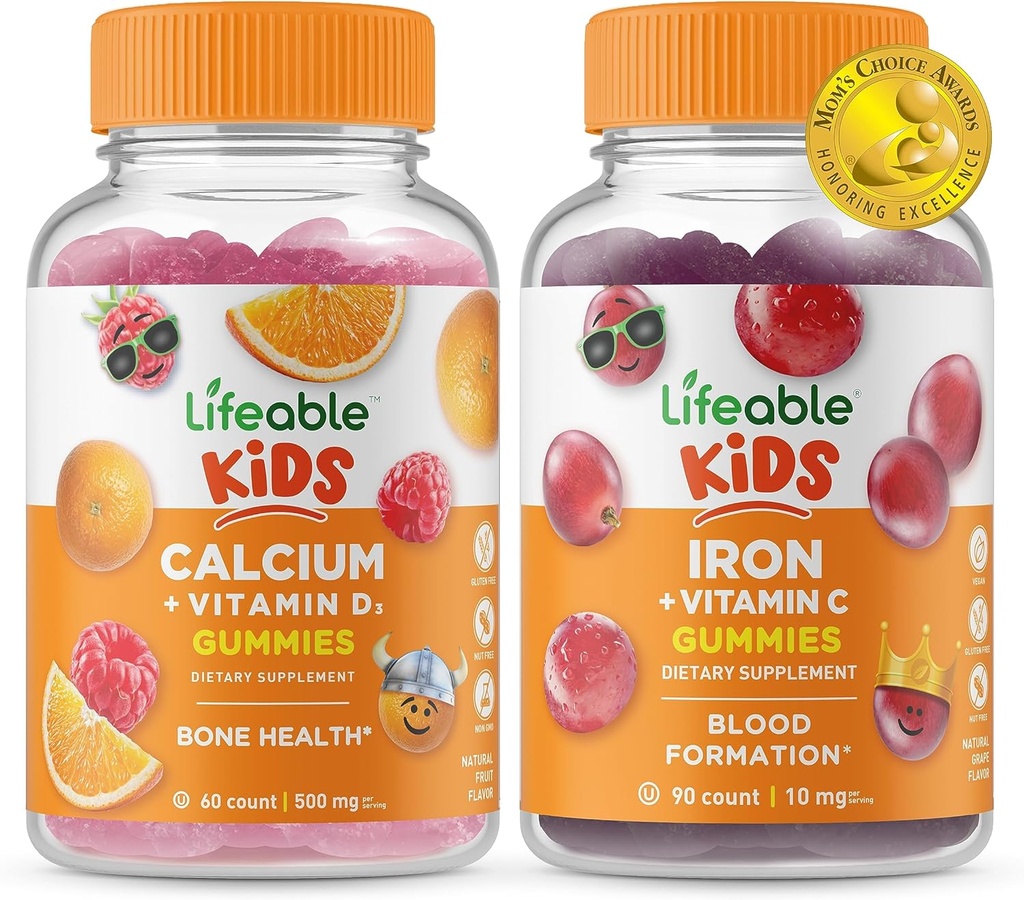 Lifeable Calcium med D-vitamin Kids + Iron & C-vitamin Kids, Gummies Bundle - Great Tasting, Vitamin Supplement, Gluten Free, GMO Free, Chewable Gummy
