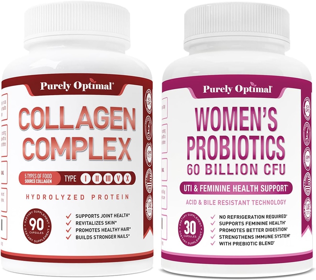 Rent Optimal Premium Multi Collagen Peptider kapsler (type I, II, III, V, X) + Premium Probiotika til kvinder - 60 milliarder CFU, Dr. Formulerede Prebiotika og Probiotika til kvinder