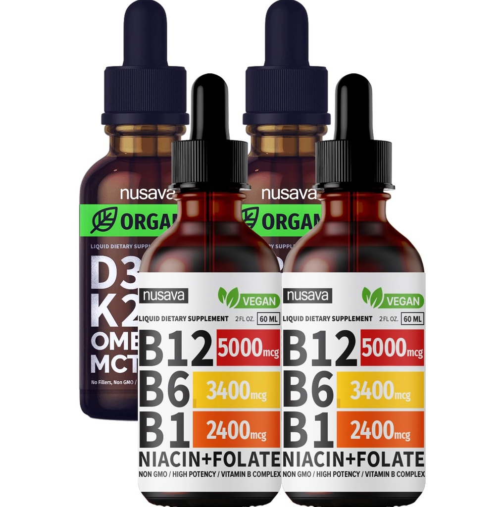 NUSAVA Vitamin B12 Flydende dråber og uden smag D3 K2 Bundle - Potent flydende vitaminer til hjerte, Fælles, energi, & immunstøtte - Non- GMO, Gluten- fri, 2pk Hver