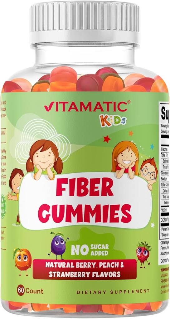Vitamatic Kids Prebiotic Fiber Gummies - Ekstra styrke 4g Fiber - Zero Sugar Added - 60 Pectin- baserede Gummies - fordøjelsesmæssig sundhed og regelmæssighed støtte