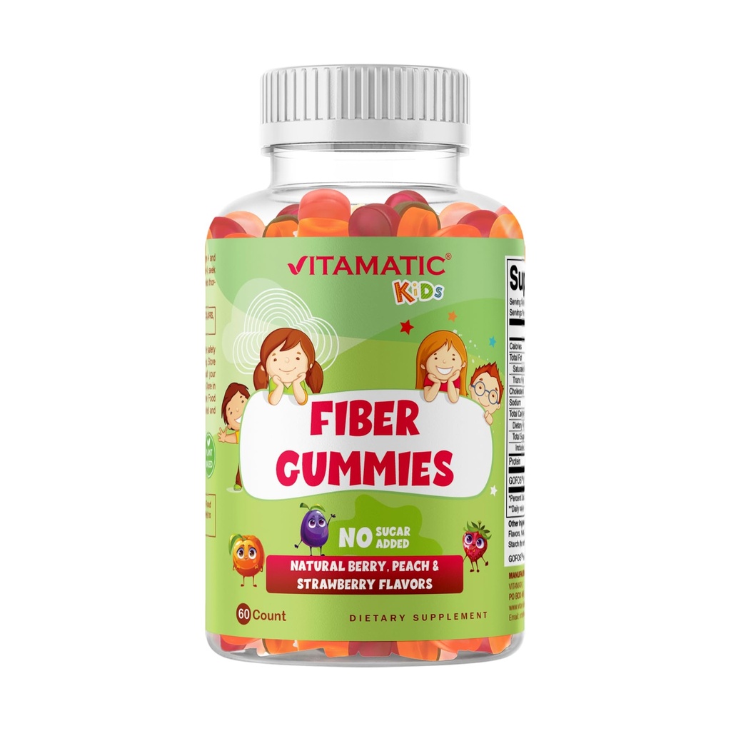 Vitamatic Kids Prebiotic Fiber Gummies - Ekstra styrke 4g Fiber - Zero Sugar Added - 60 Pectin- baserede Gummies - fordøjelsesmæssig sundhed og regelmæssighed støtte