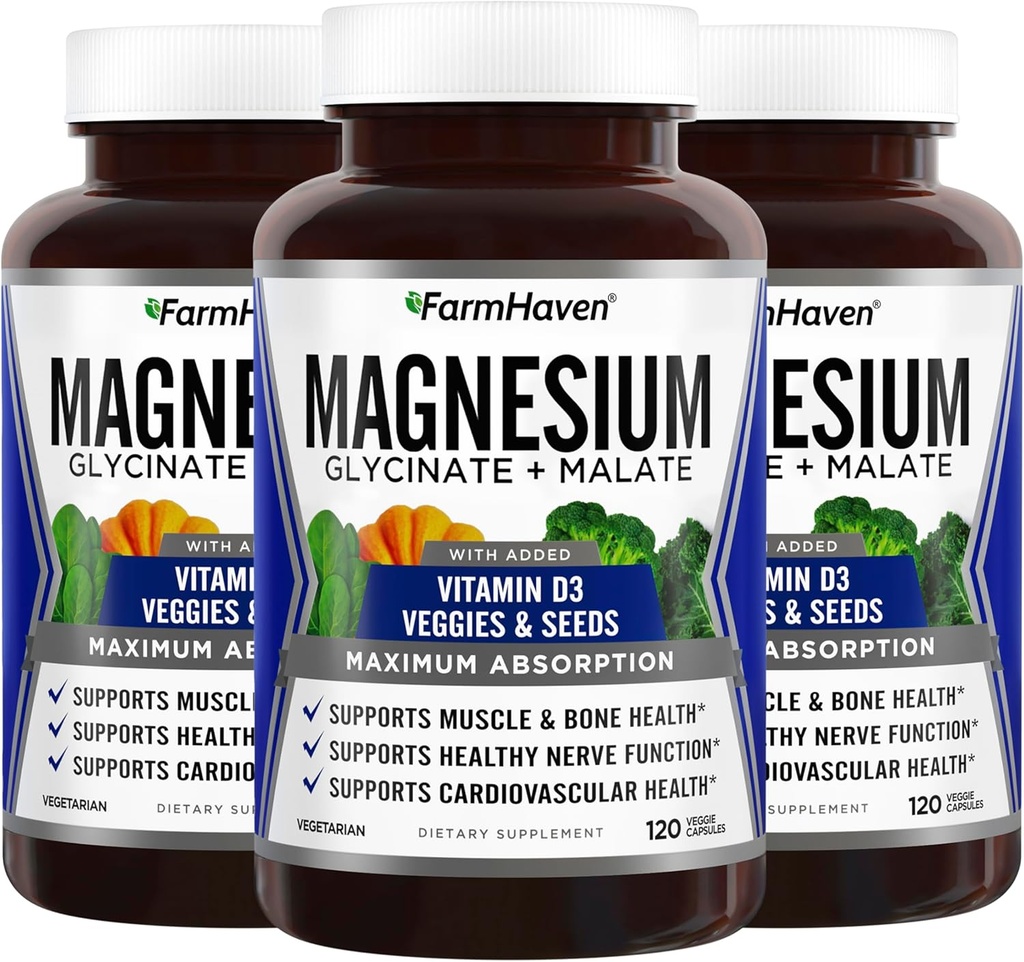 FarmHaven Magnesium Glycinate & Malate Complex w / vitamin D3, 100% chelated for Max Absorption, Vegan - Knoglesundhed, nerver, muskler, 360 kapsler, 180 dage