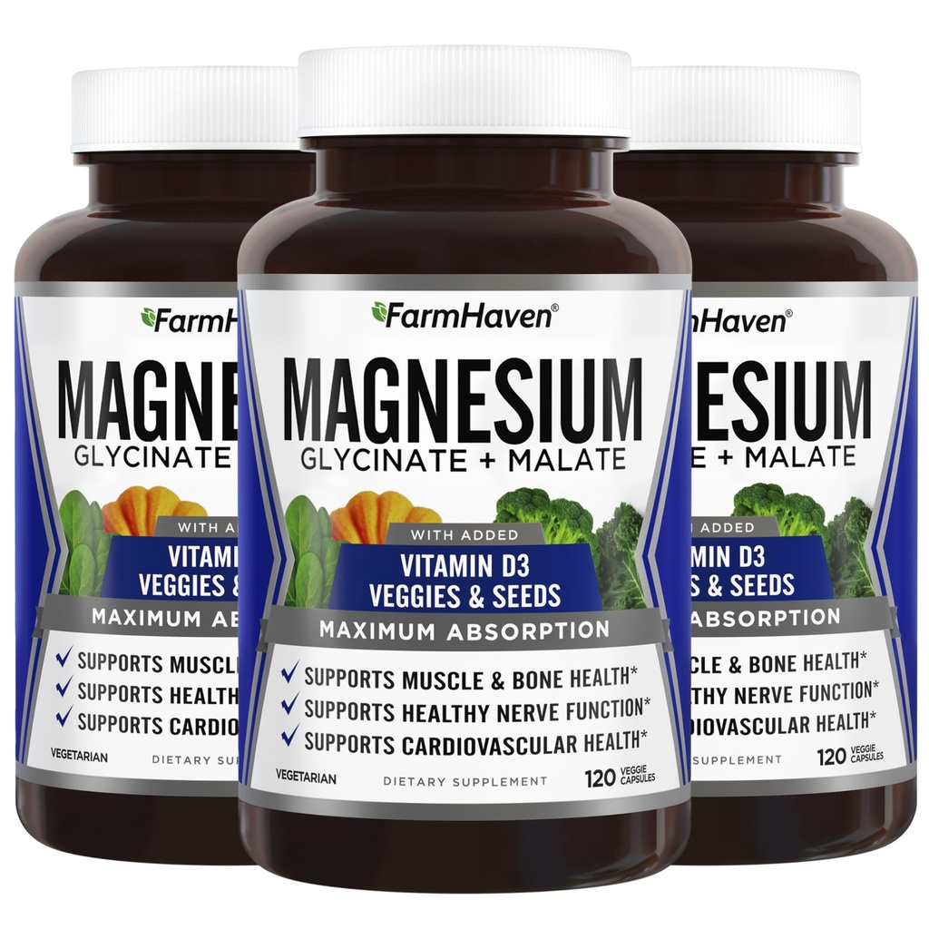 FarmHaven Magnesium Glycinate & Malate Complex w / vitamin D3, 100% chelated for Max Absorption, Vegan - Knoglesundhed, nerver, muskler, 360 kapsler, 180 dage