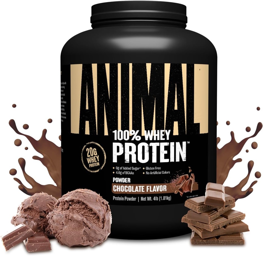 Animal 100% Whey Protein Powder - Whey Blend for Pre Workout eller Post Workout, Recovery, eller en Anytime Low Sugar Protein Boost Meal udskiftning med BCAA forgrenet kæde Aminosyrer - Chokolade, 4 LB