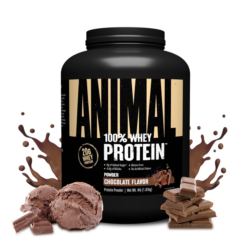 Animal 100% Whey Protein Powder - Whey Blend for Pre Workout eller Post Workout, Recovery, eller en Anytime Low Sugar Protein Boost Meal udskiftning med BCAA forgrenet kæde Aminosyrer - Chokolade, 4 LB