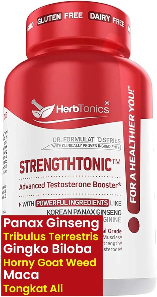 Herbtonics Testosteron Support for Mænd - Koreansk Panax Ginseng & Tribulus Terrestris - Understøtter sund energi, Styrke & Stamina - 60 Veganske kapsler