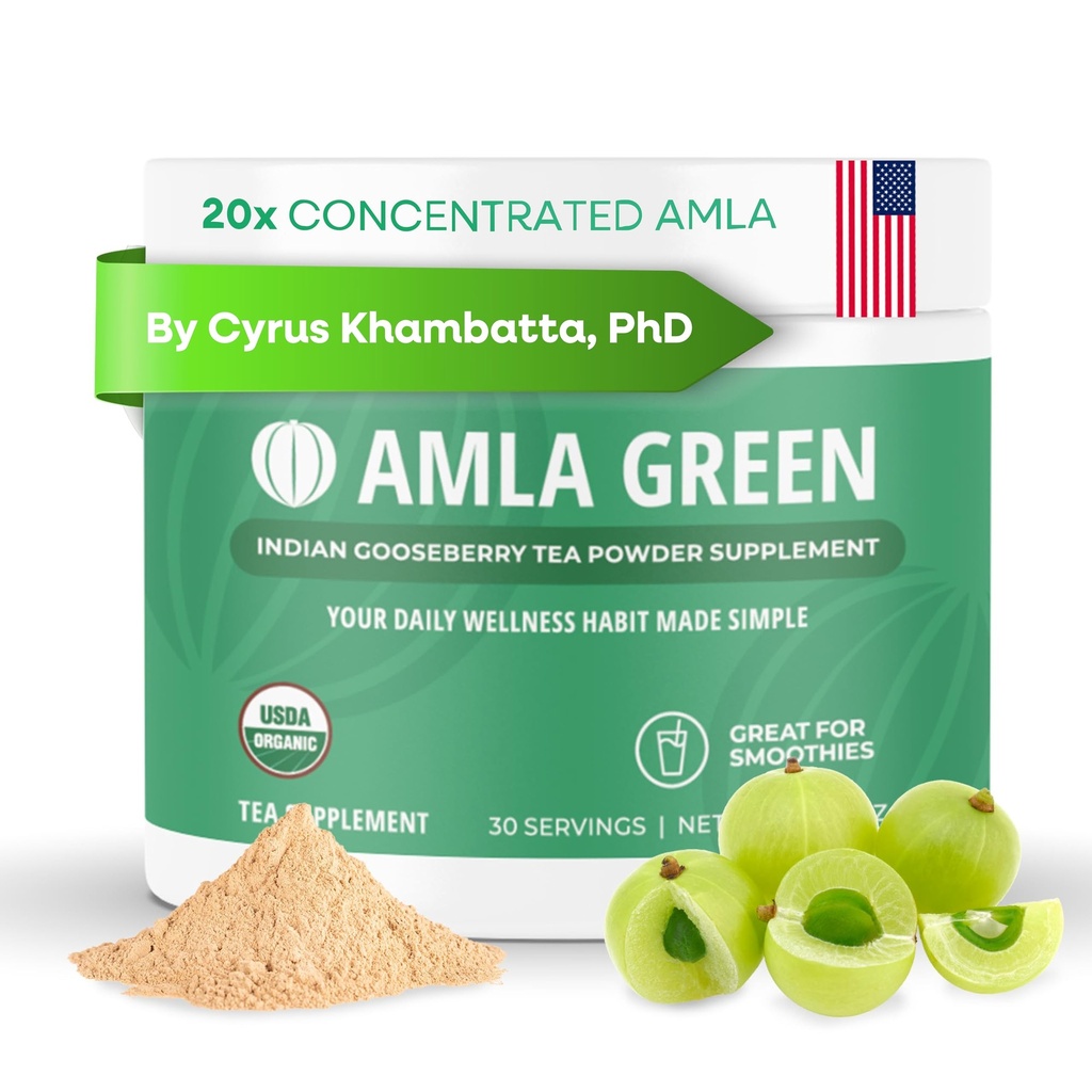 Amla Powder & Green Tea Superfood Supplement, 20x Ultra Koncentreret Amla, Antioxidant Support, Lavet med Oolong Tea og indiske Gooseberries, Økologisk, Vegan, Classic Flavor, 30 Servere