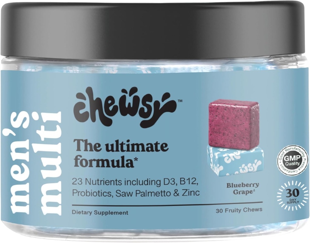 CHEWSY - Mænds Multivitamin Chews - immun- og energistøtte, vitamin A, B12, C, D3, E, folinsyre, probiotika, zink - 30-dages forsyning