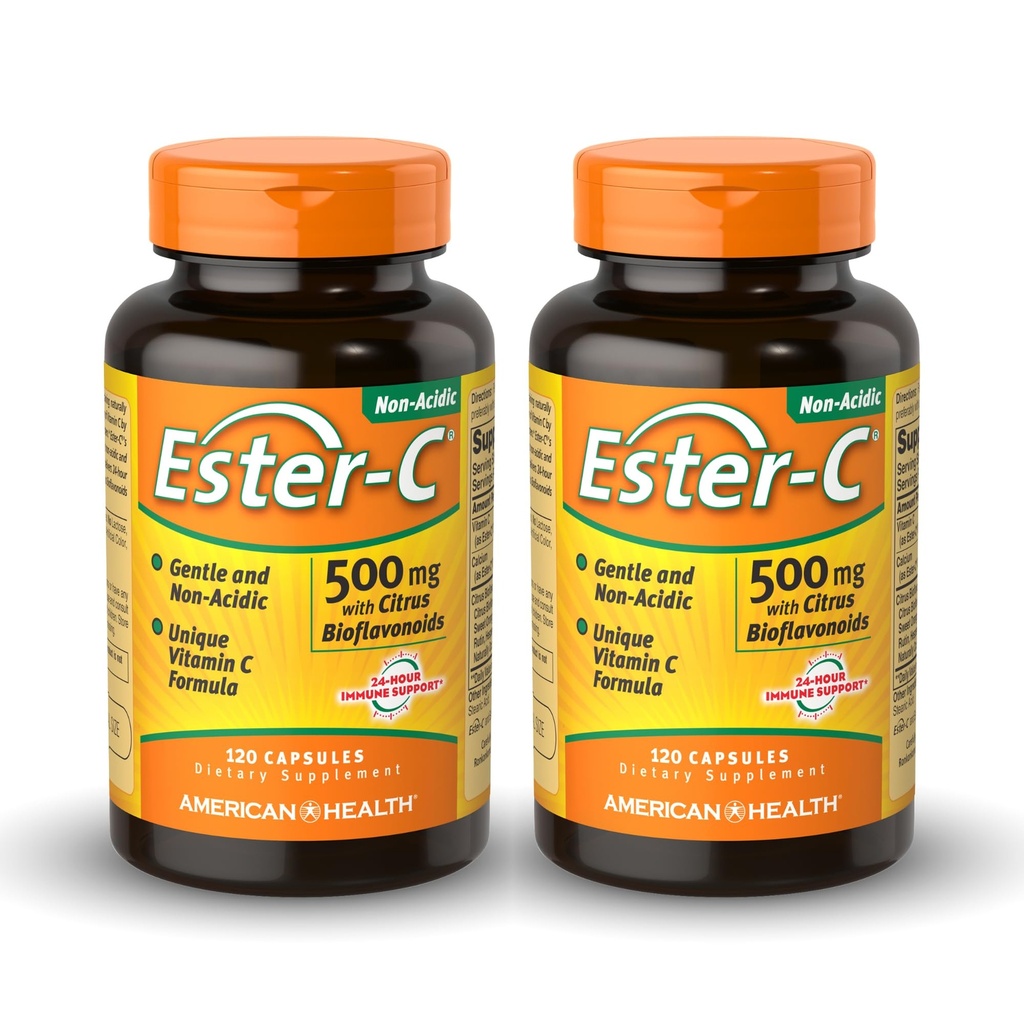 American Health Ester- C 500 mg med Citrus Bioflavonoider - 120 kapsler (pakke med 2) - 24-timers immunforsvar - non-GMO, Gluten Free - 120 Total Servering