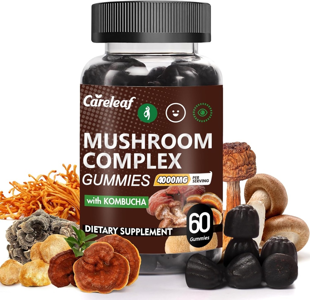 9 i 1 Mushroom Gummies med Lions Mane for Focus Supplement og energi Kosttilskud til støtte immunsystem De- Stress Boost Mood & Energy 60 Greve Kombucha Flavor