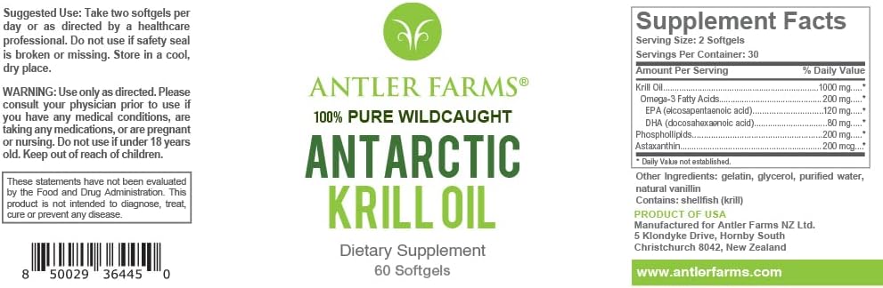 Antler Farms - 100% Pure Wild Caught Antarctic Krill Oil from Cold, Pristine Waters, 60 Softgels – Clean, Omega-3 EPA + DHA Supplement w/Astaxanthin, Rapid Absorption