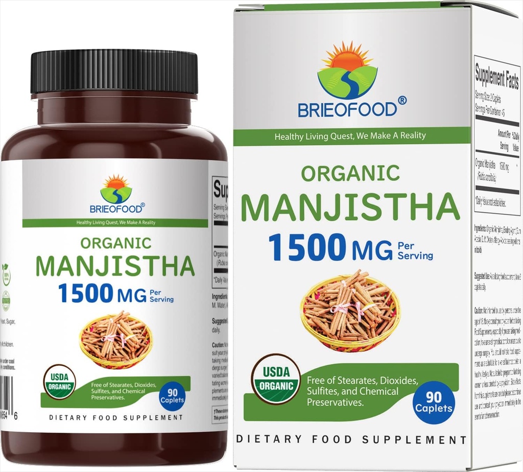 Brieofood Organic Manjistha 1500mg, 45 Servering, Vegetarisk, Gluten Gratis, 90 Vegetariske tabletter