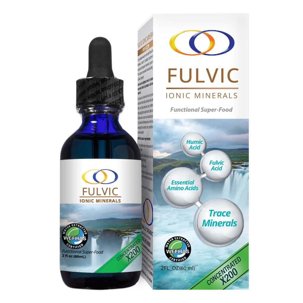 Optimal økologisk vand Udtrukket Fulvic Ionic Minerals X200 - Patenteret BioActive Fulvic Acid, Humanic Acid, Trace Minerals, Electrolytes & Essential Aminoacids - 5 + Måned Supply