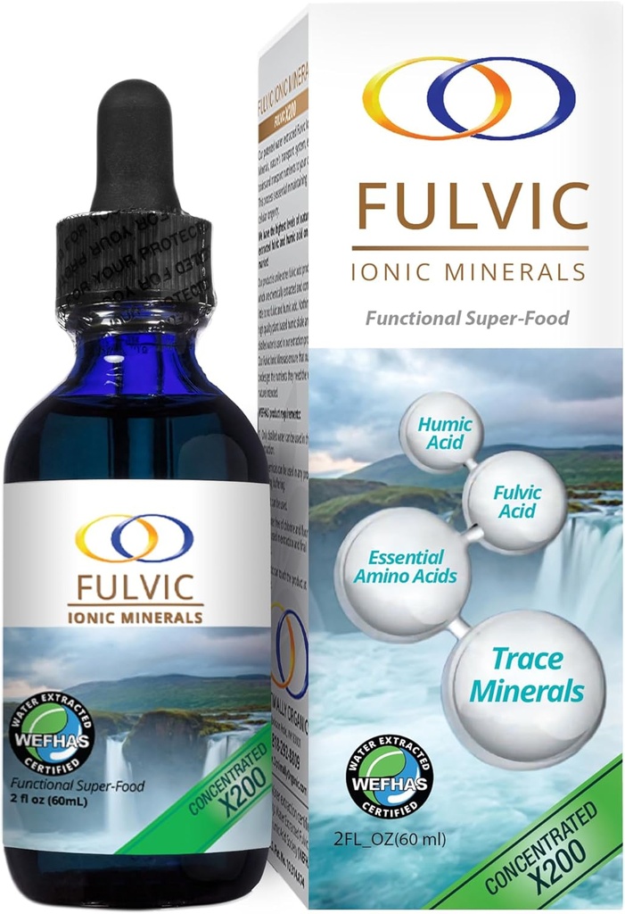 Optimally Organic Water Extracted Fulvic Ionic Minerals X200 - Patented BioActive Fulvic Acid, Humic Acid, Trace Minerals, Electrolytes & Essential Amino Acids - 5+ Month Supply