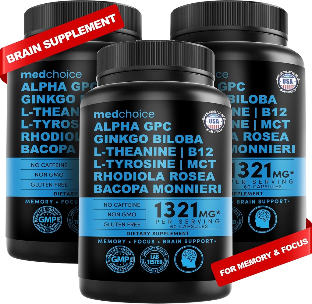 12- in-1 Nootrop Brain Supplement Vandfri: Ginkgo Biloba for Brain Support, Memory and Focus - B12, Alpha GPC, L Theanine og Cholin Kosttilskud med Bioperine Non Coffeined 1321mg (180ct)