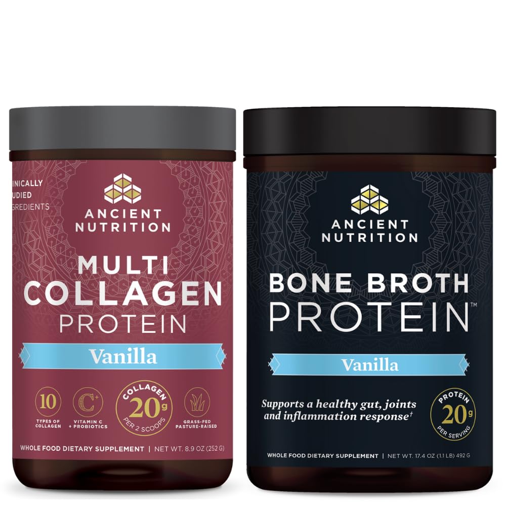 Ancient Nutrition Multi Collagen Protein Powder, Vanilla, 24 Servere + Bone Broth Protein Powder, Vanilla, 20 Servere