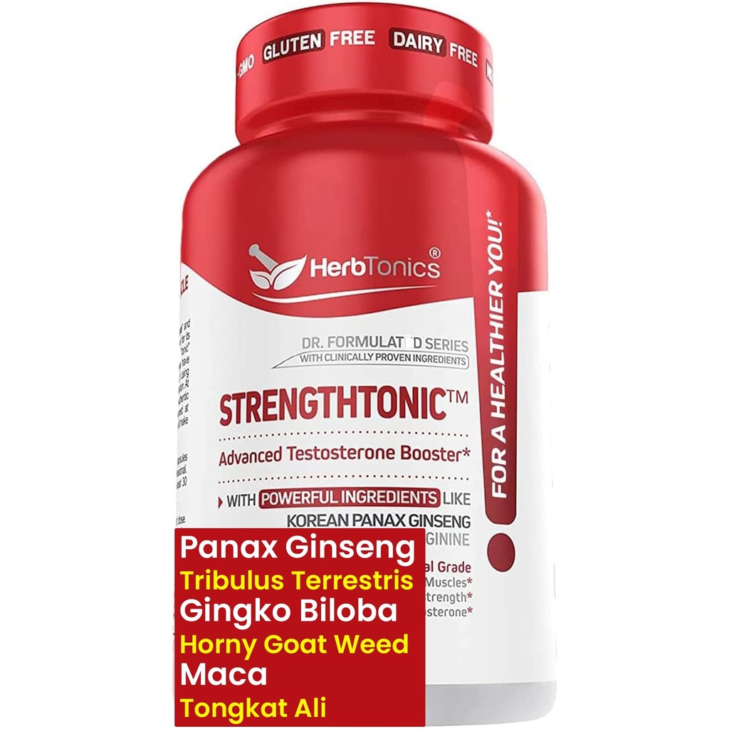 Herbtonics Testosteron Support for Mænd - Koreansk Panax Ginseng & Tribulus Terrestris - Understøtter sund energi, Styrke & Stamina - 60 Veganske kapsler