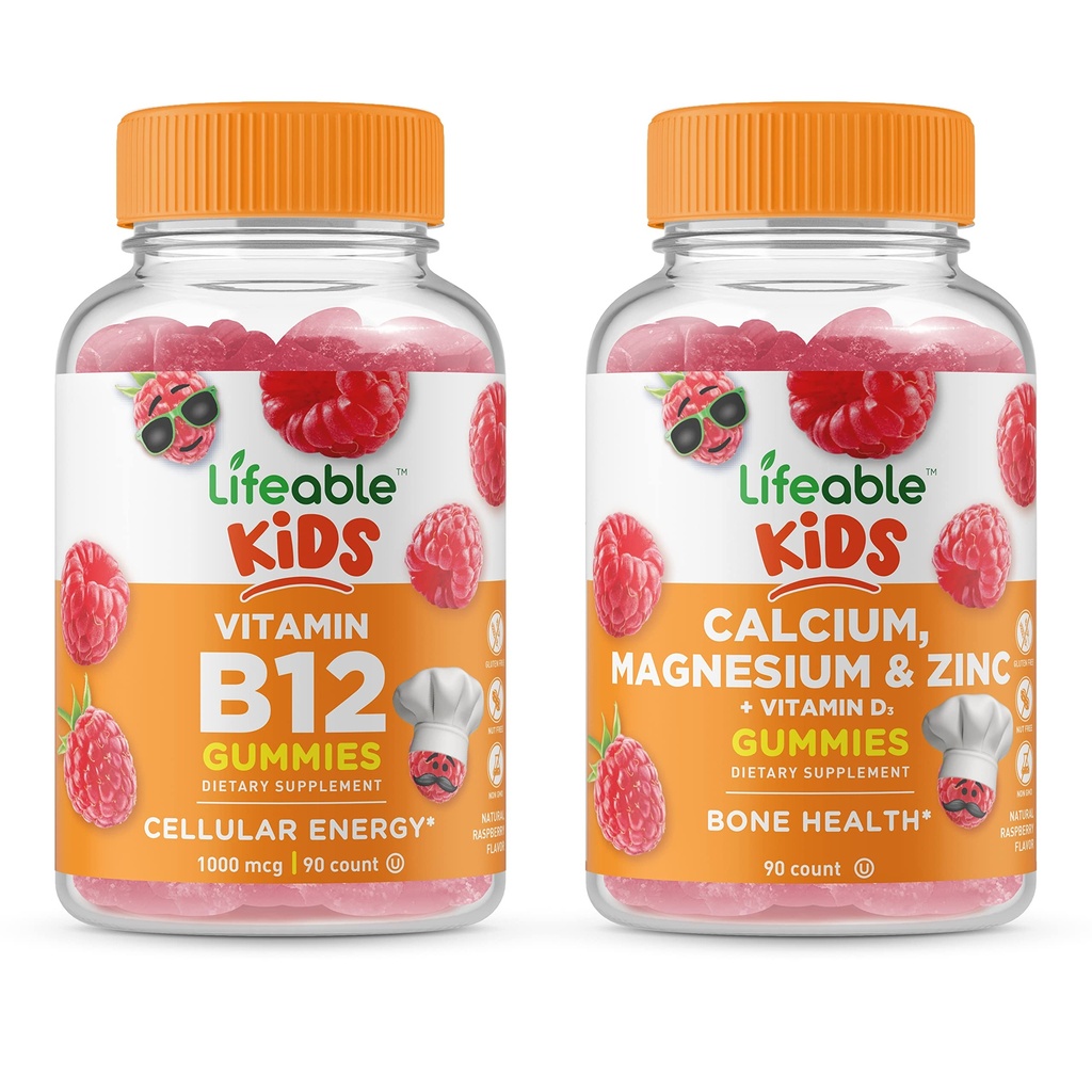 Lifeable Vitamin B12 Kids + Calcium Magnesium & Zink Kids, Gummies Bundle - Great Tasting, Vitamin Supplement, Gluten Free, GMO Free, Chewable Gummy