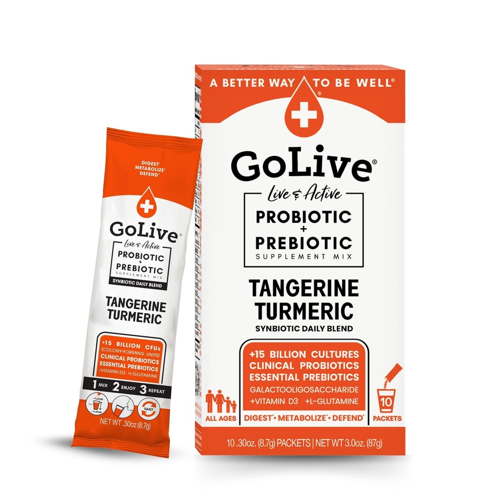 Golive Prebiotic og Probiotic til kvinder, mænd, børn. Tangerine gurkemeje Synbiotisk pulver w / L- Glutamin, D3- vitamin, elektrolyter. For Gut Health, fordøjelse, Metabolisme, Immunitet 15- 50B CFU 'er.