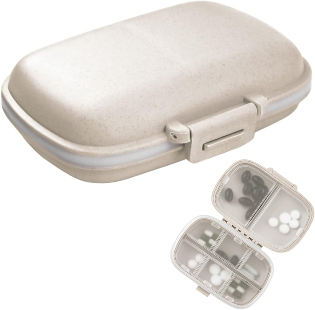 1Pack Travel Pill Organizer, 8 Compartments Portable Pill Case, Lille Pill Box til Pocket Purse Portable Medicine Vitamin Container Beige