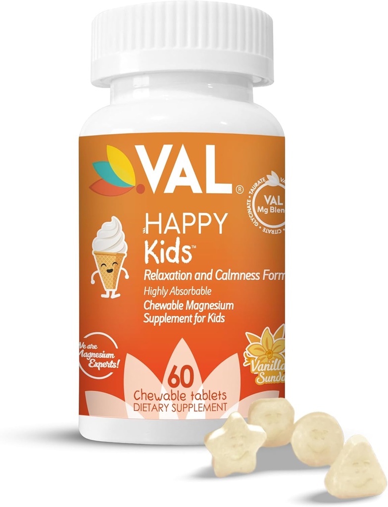 VAL Magnesium til børn, høj- Absorption Magnesium til afslapning, fokus, magnesiumglycinat, citrat, Taurat indeholder vitamin B6, D, C - 124; sukkerfri, Vanilla - 60 tyggetabletter (pakke med 1)