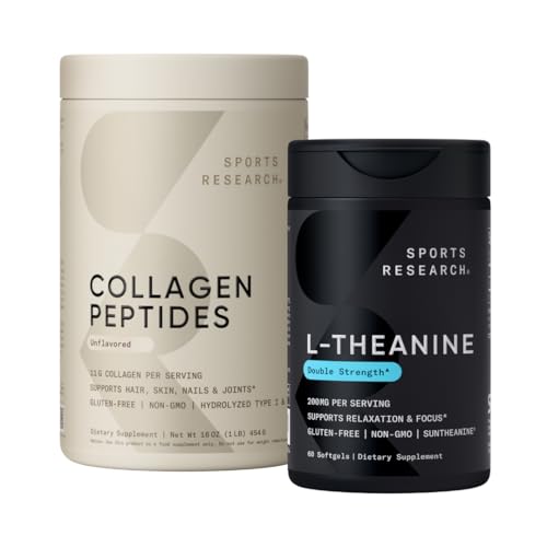 Sportsforskning Collagen Peptider Hydrolyseret type 1 & 3 Powder Protein Supplement Easy Mixing Vital Nutrients & Proteins and Double Strength L- Theanin Supplement for Focus, Afslapning & Alerness
