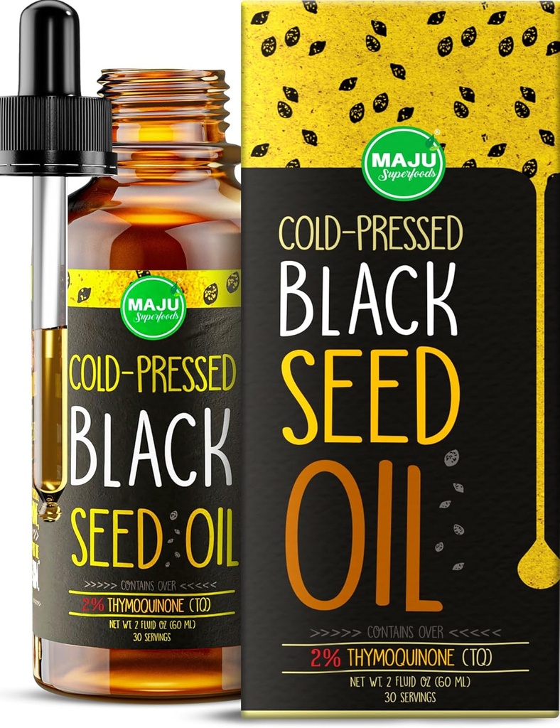 Maju Superfoods Black Seed Oil - 3 gange TQ, Cold- presset, Rejsestørrelse, 100% Tyrkisk Black Cumin Seed Oil, Flydende Pure Blackseed, Glasflaske, 2 Oz