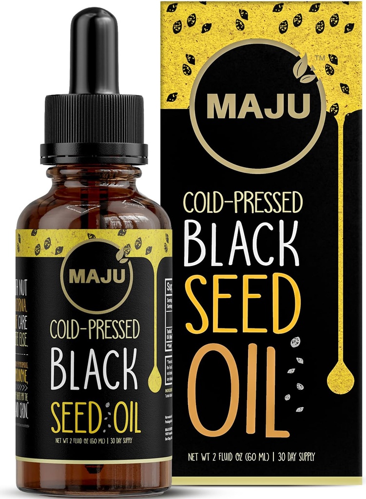Maju Superfoods Black Seed Oil - 3 gange TQ, Cold- presset, Rejsestørrelse, 100% Tyrkisk Black Cumin Seed Oil, Flydende Pure Blackseed, Glasflaske, 2 Oz