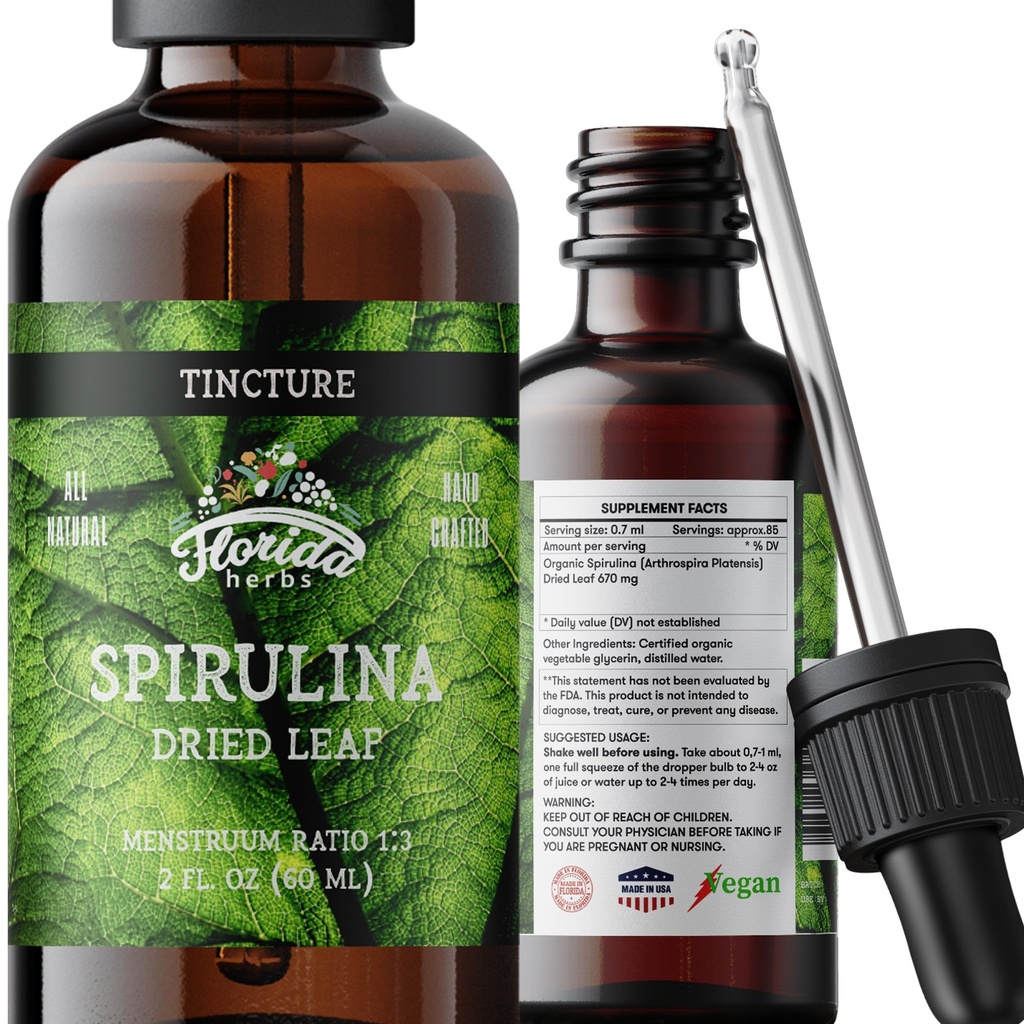 Spirulina Tinktur, Organic Spirulina Extract (Arthrospira Platensis) Urtetilskud, Non- GMO i Cold- Pressed Organic Vegetabilsk Glycerin, 700 mg, 2 oz (60 ml)