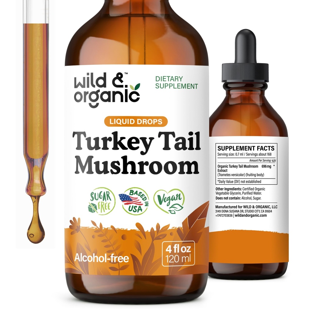 Wild & Organic Turkey Tail Mushroom Tinktur - Immunsupport Drops med Tyrkiet Tail Extract - Flydende Mushroom supplement til Gut Support - Vegan, Sukker & Alkohol- Free - 4 fl oz