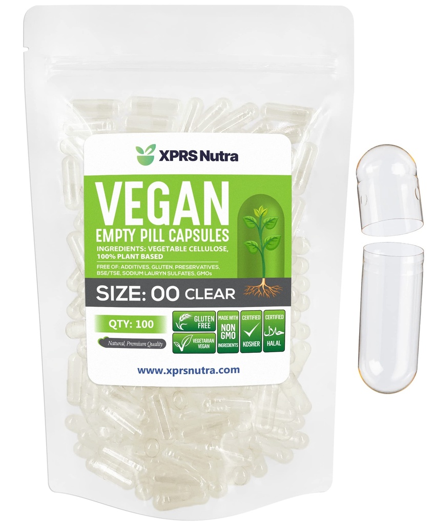 XPRS Nutra Size 00 Empty Capsules - 100 Count Clear Empty Vegan Capsules - Vegetarian Empty Pills - DIY Vegetable Capsule Filling- Veggie Pill Caps