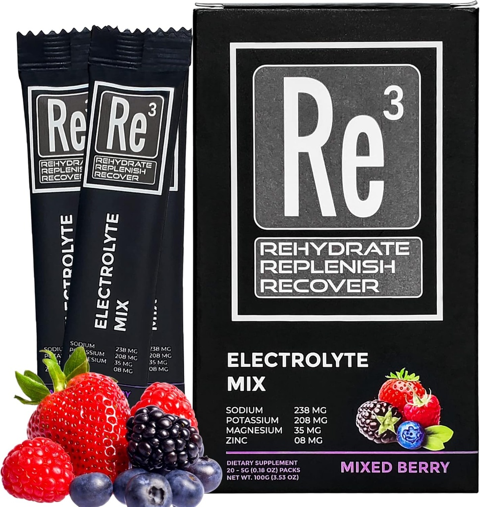 Re3 - Rehydrat - Replenish - Recover Electrolyte Powder Packets. Ingen sukker, 7 Cal, 1,4 Carbs. Den bedste blanding af vitaminer og mineraler (blandet berry)